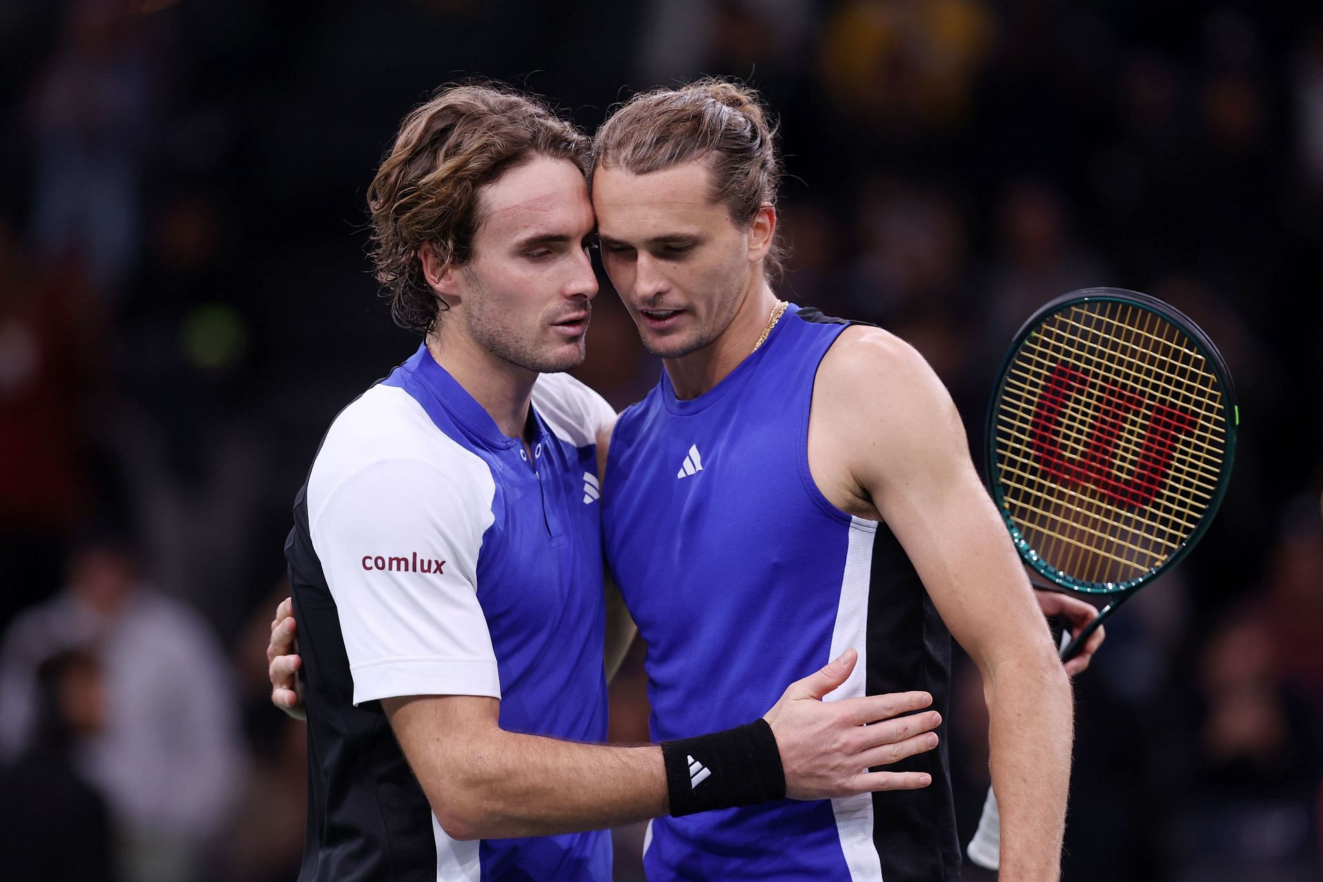 Stefanos Tsitsipas and Alexander Zverev embrace following their 2024 Paris encounter | Image Source: Getty